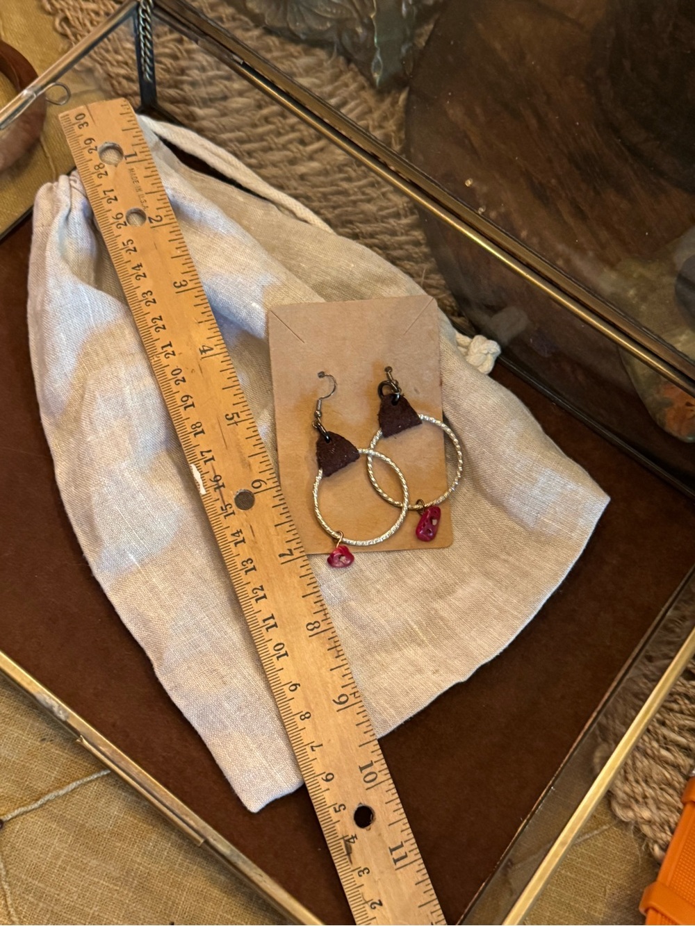 Handmade Brown Leather and Gold silver tone Earrings with red stone Accent